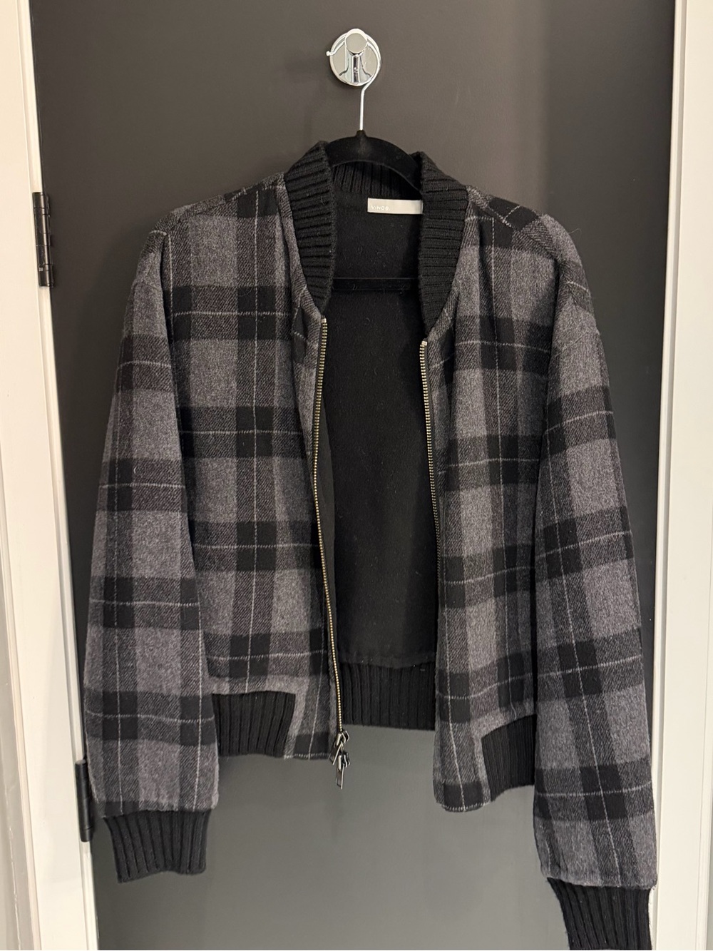Vince Grey & Black Plaid Bomber Jacket